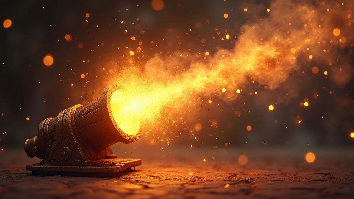 Um canhão disparando energia mágica com faíscas douradas.