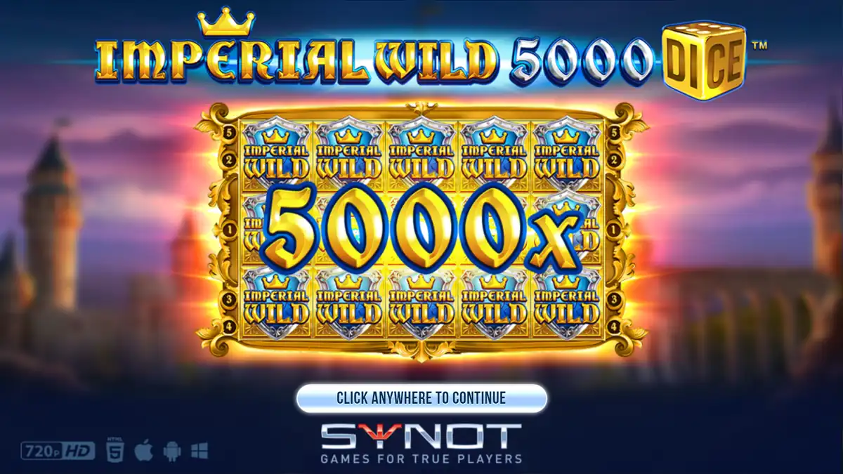 Imperial Wild 5000 Dice-introscherm met een volledig scherm vol Imperial Wilds en de winst van 5000x