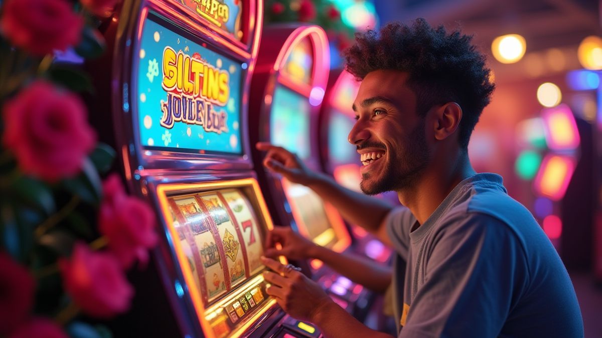 Un jugador feliz interactuando con una máquina tragamonedas colorida.