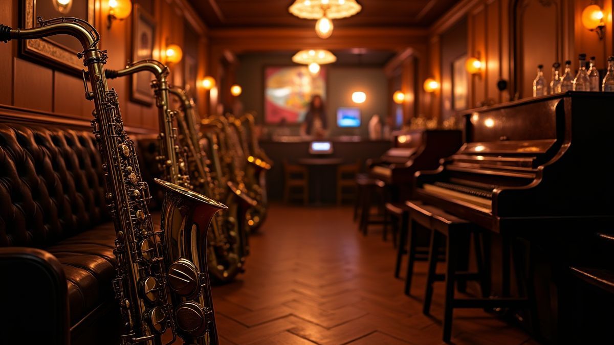 Interior de um clube de jazz com instrumentos musicais.
