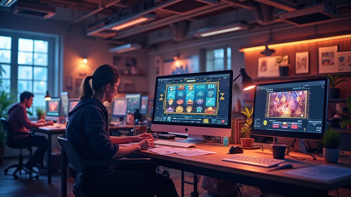 Estúdio criativo projetando gráficos de slots.