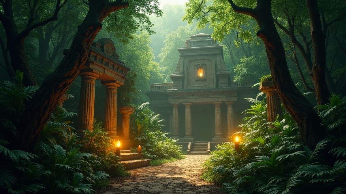 Ruínas antigas em uma jungla com artefatos dourados brilhantes.