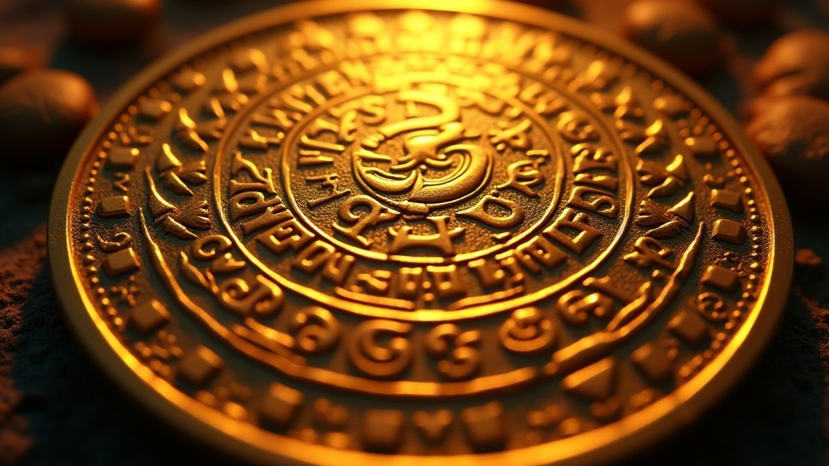 Moneda dorada inca con grabados detallados.