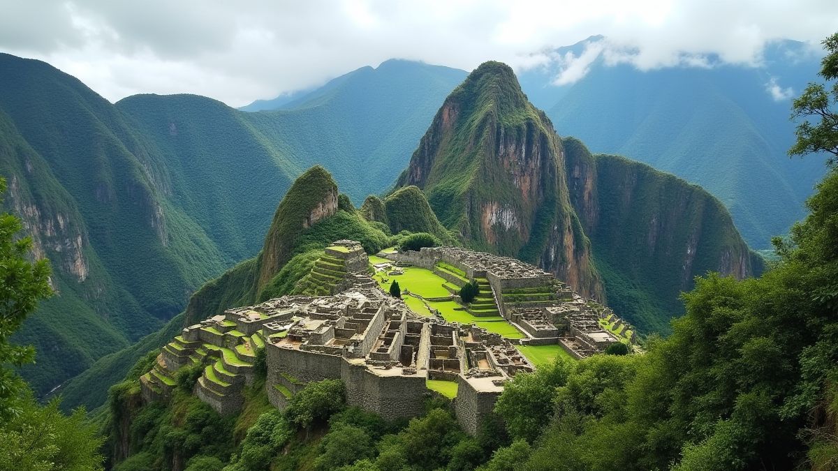 Ancient Incan temples surrounded by vegetation and mountains.