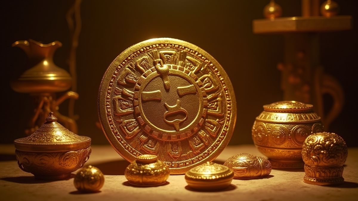 Golden Incan artifacts displayed in a mystical environment.