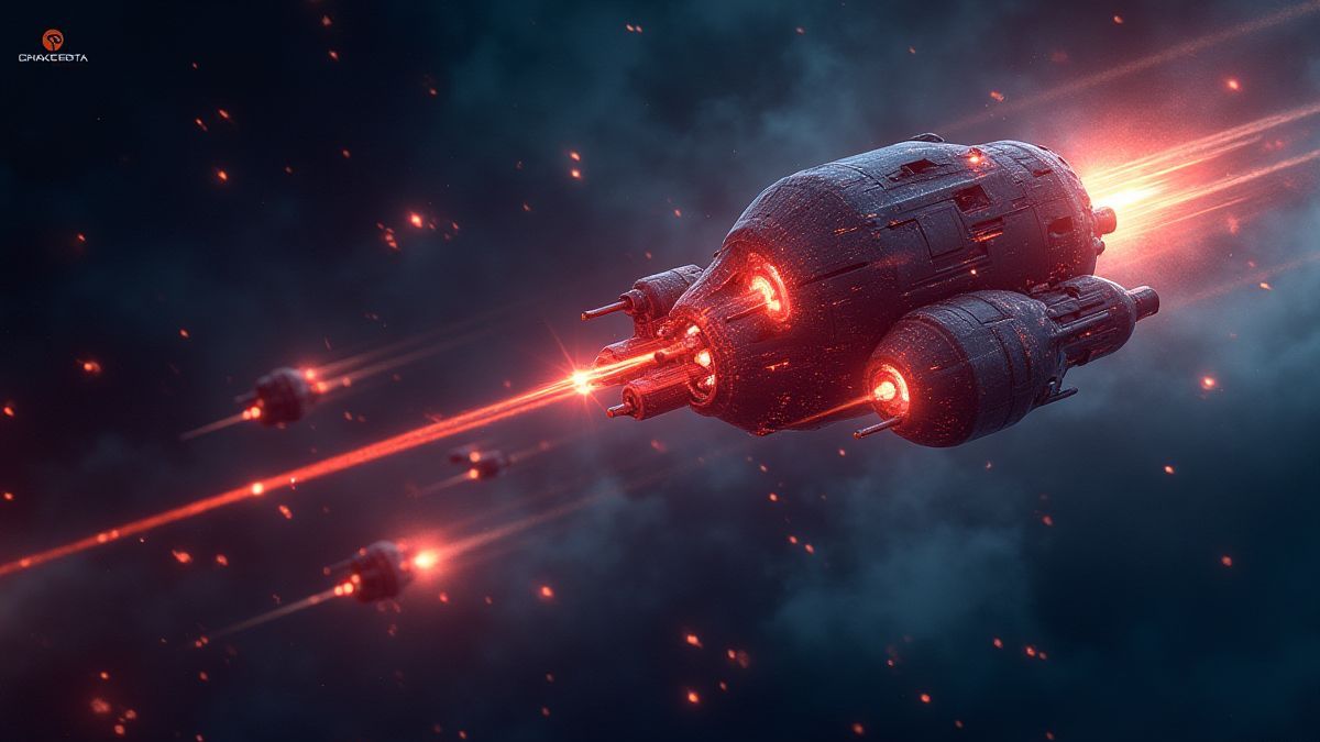 Partes de maquinaria futurista dispersas en el espacio.