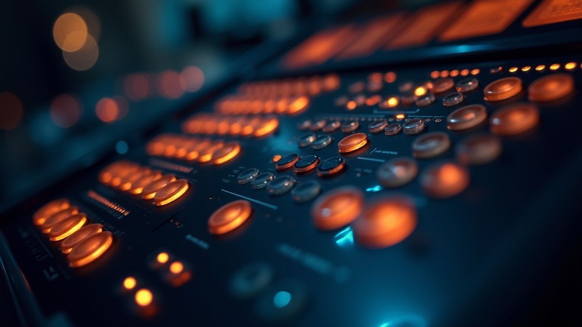 Panel de control futurista con botones brillantes.