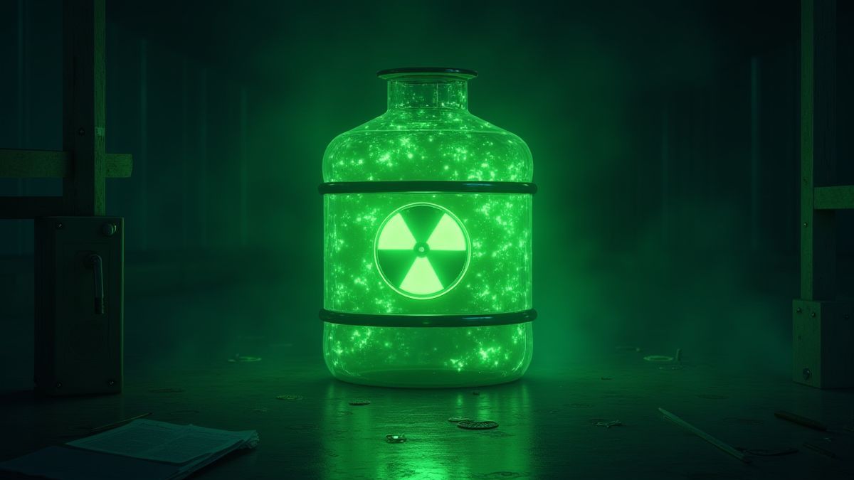 Barril radiactivo verde en un laboratorio oscuro