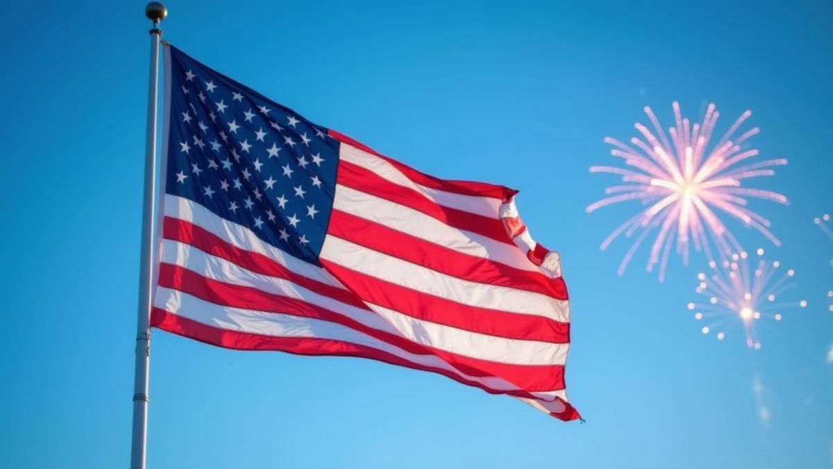 Bandeira americana tremulando sob um céu azul com fogos de artifício.