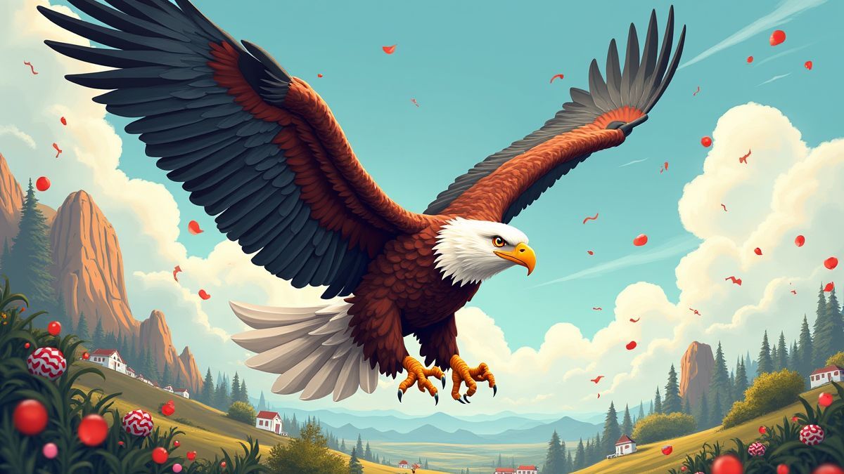 Un aigle calva majestueux volant au-dessus d'un paysage festif américain.