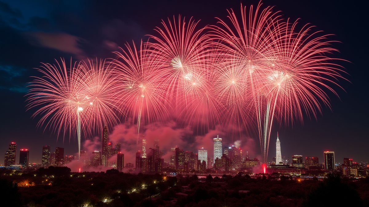 Feux d'artifice au-dessus de la silhouette d'une ville lors d'une célébration nationale.