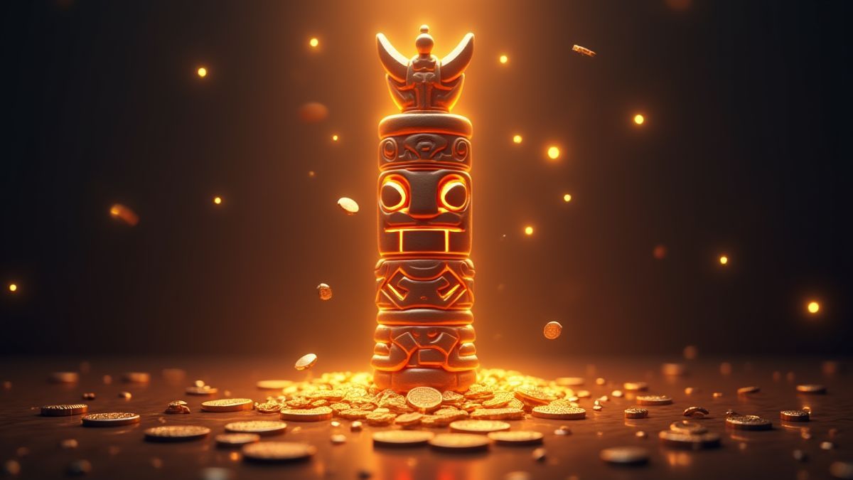 Tótem brillante rodeado de monedas y rayos de luz.