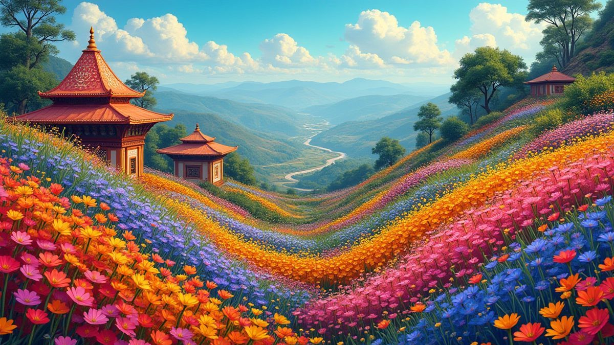 Een levendig landschap van India met bloemen en decoratieve patronen.
