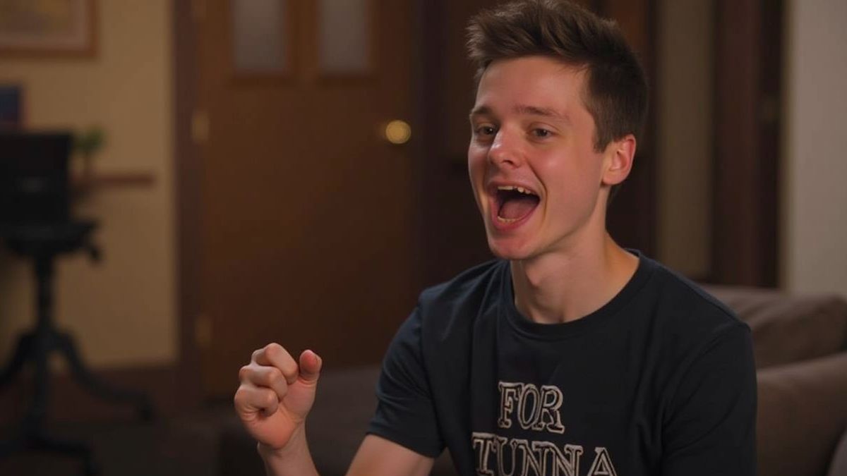 Een speler die een kleine overwinning viert in een gezellige kamer.