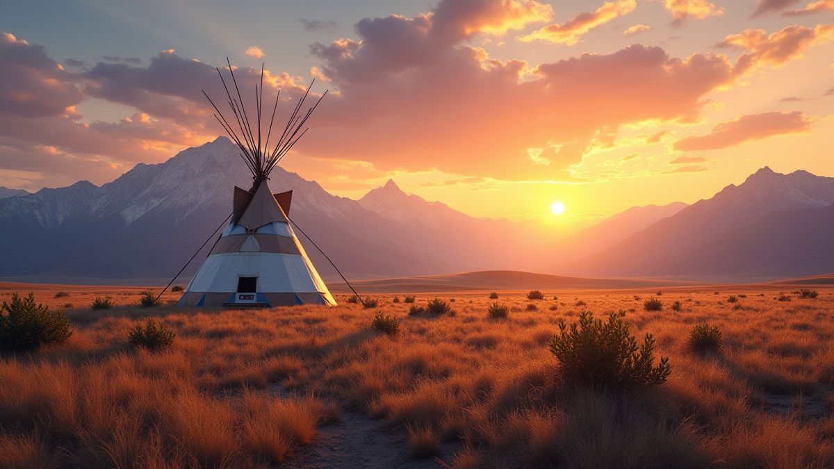 Paisagem de tribos nativas americanas com tipis e montanhas