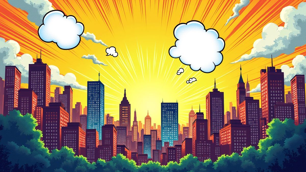 Una ciudad temática de superhéroes llena de colores y elementos de cómic.