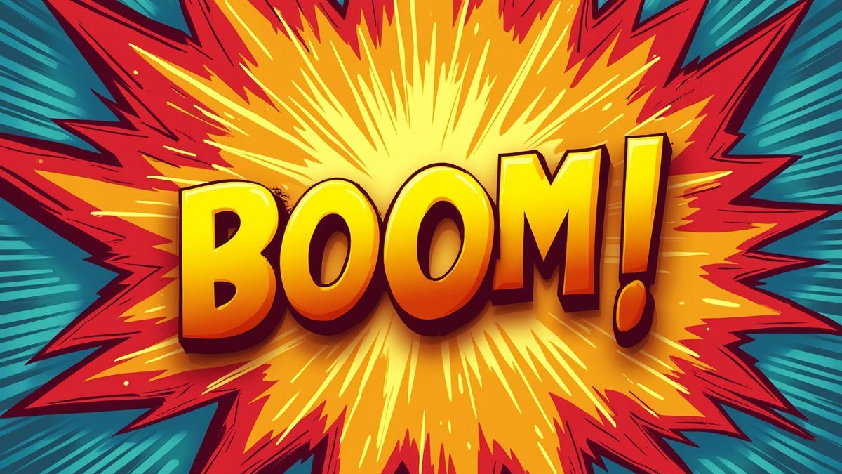 Explosión de estilo cómic con texto como 'Boom!' y 'Pow!' en colores brillantes.