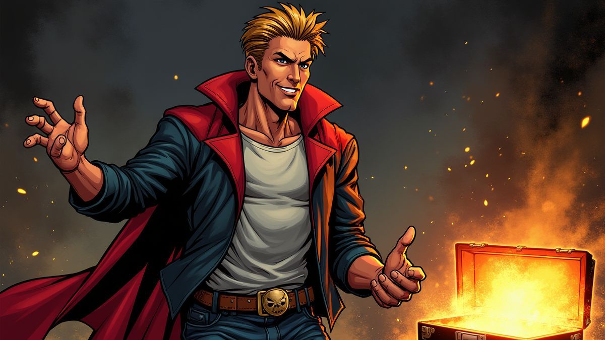 Un personaje de cómic posando con un cofre del tesoro brillante al fondo.