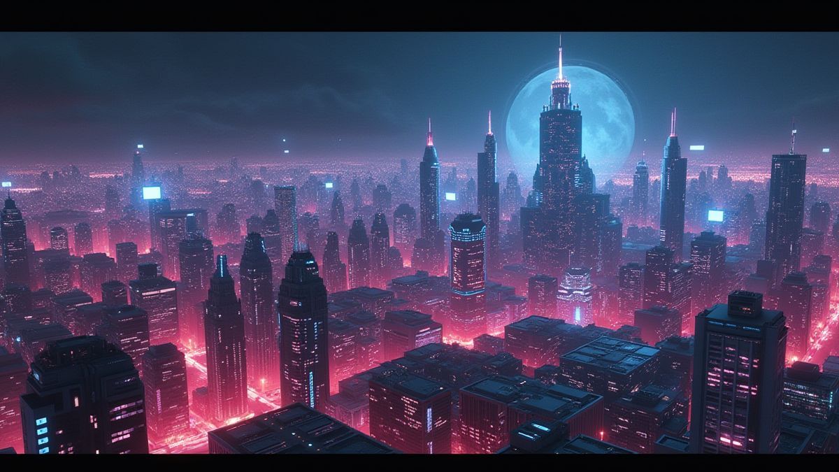 Futuristic city illuminated by neon lights.