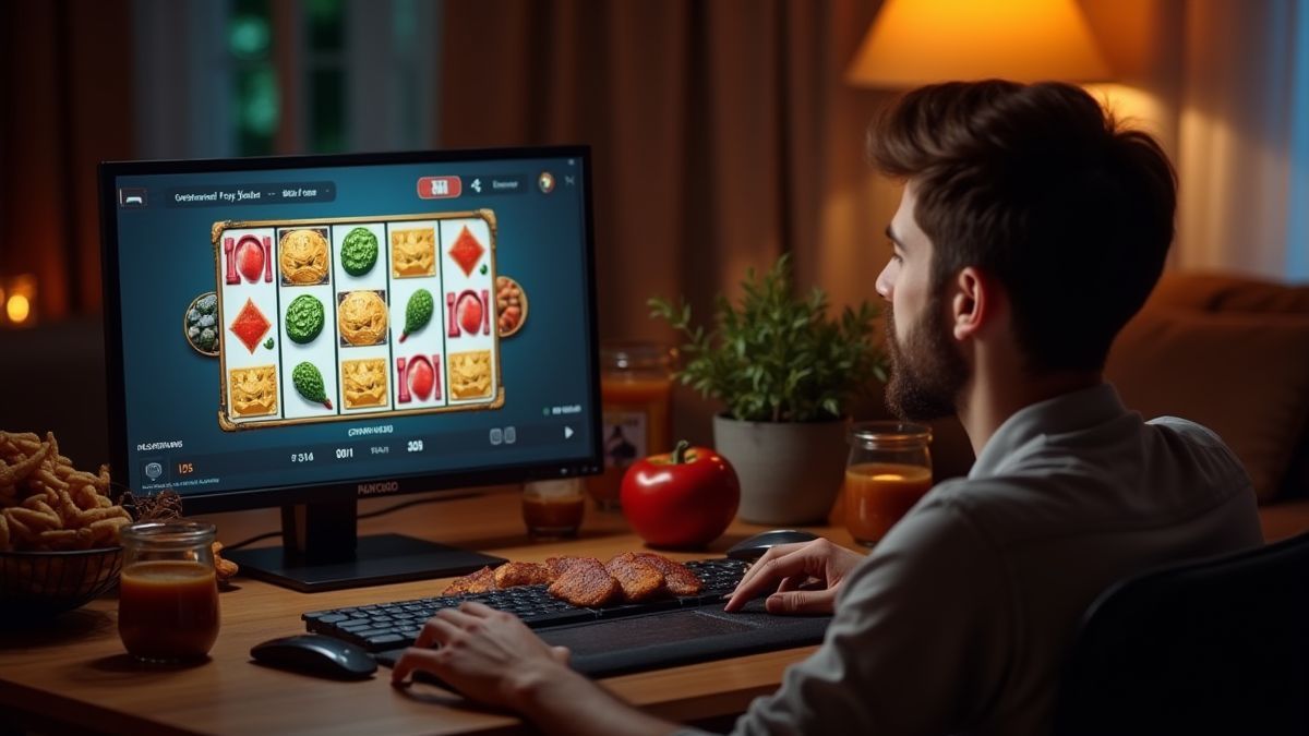 Een comfortabele speler die geniet van een online slot met drankjes en snacks.