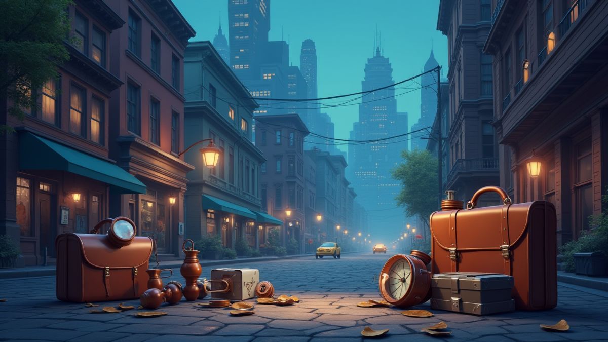 Una ciudad animada con gadgets y ambiente misterioso.