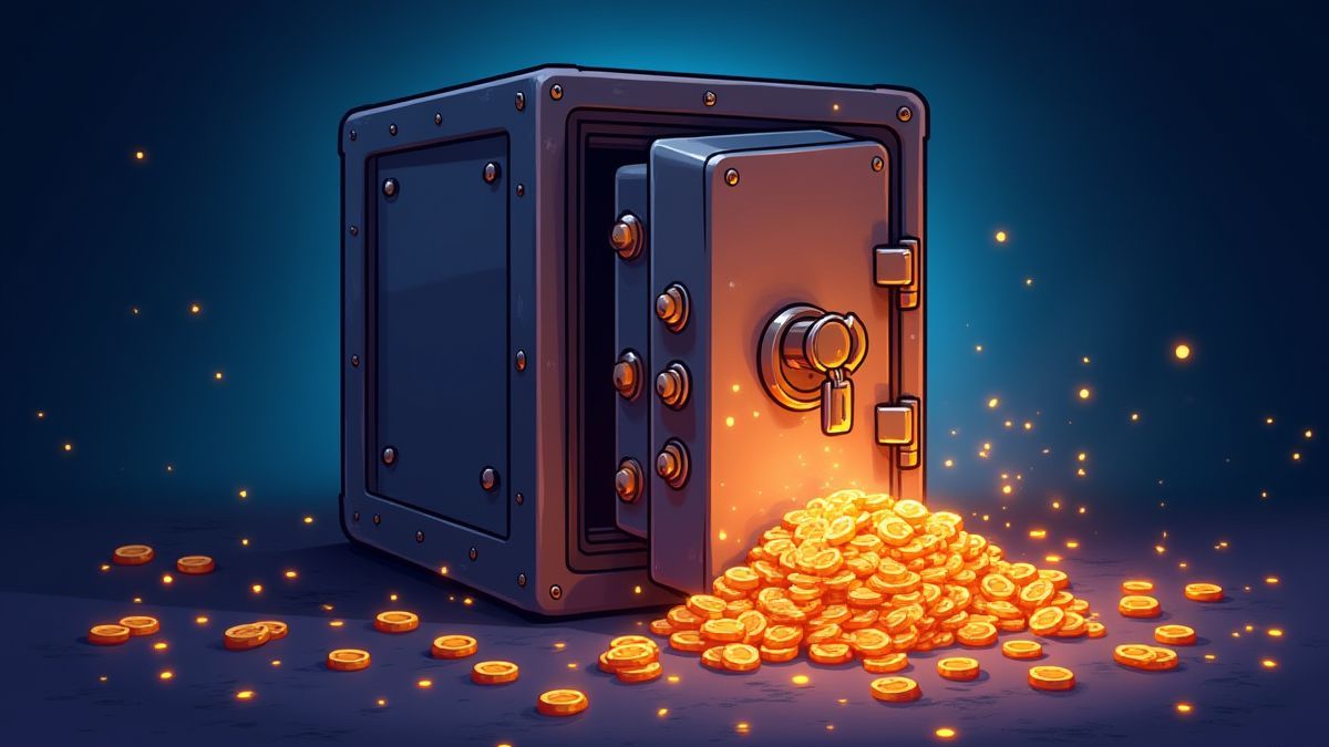 Una caja fuerte animada con premios brillantes.