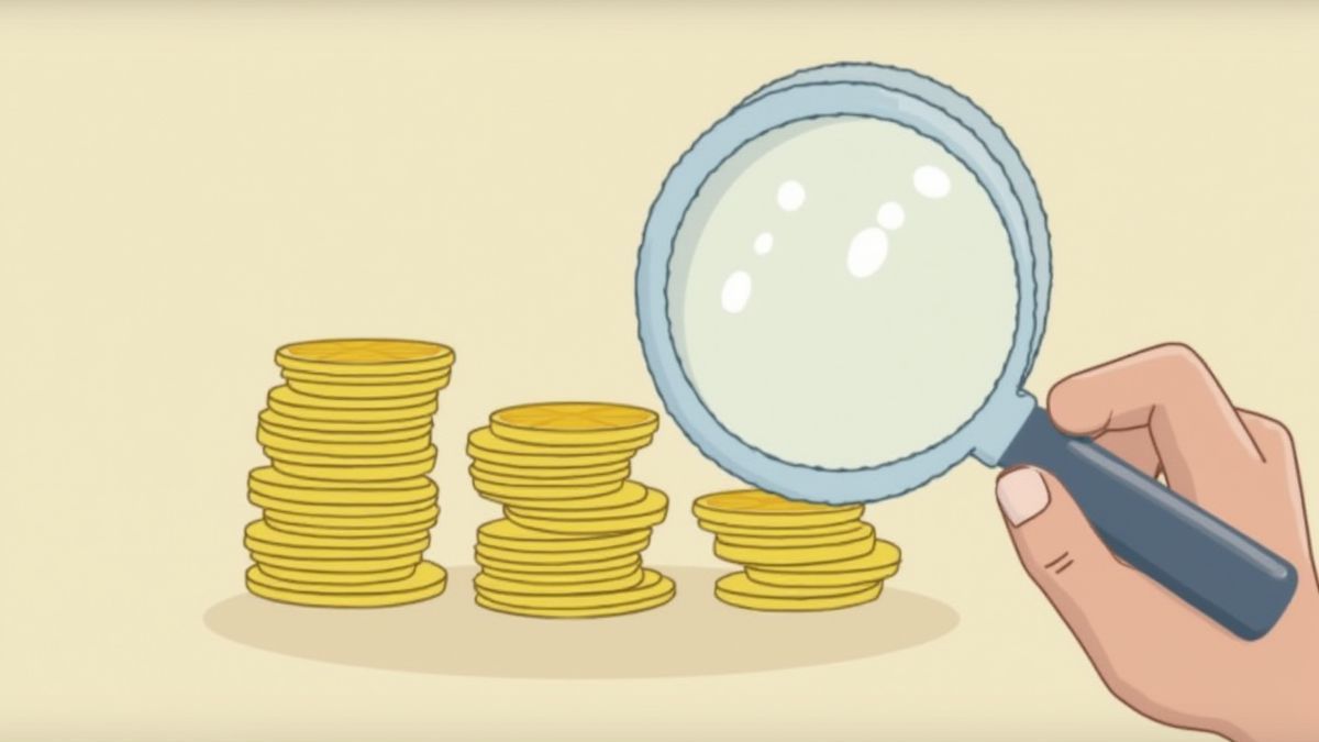 Un montón de monedas junto a una lupa animada.