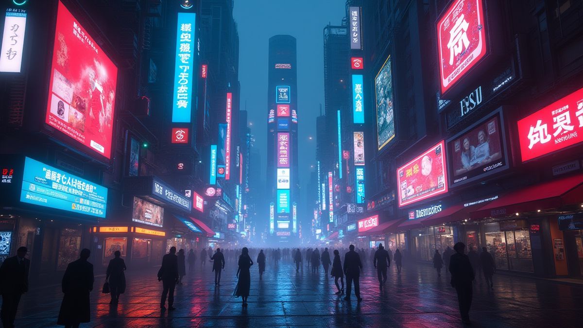 Cidade futurista com luzes de néon e anúncios holográficos flutuantes.
