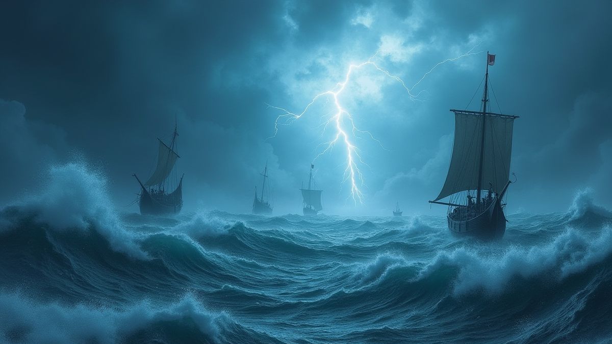 Dramatische scène van Viking schepen die golven en bliksem trotseren.