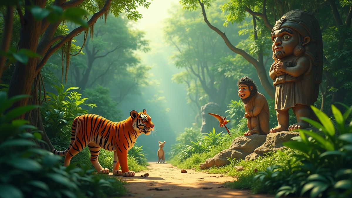 La jungle avec tigres et perroquets dans un design animé