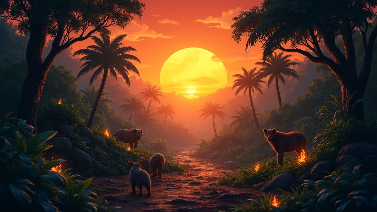 Une scène d'aventure dans la jungle avec un coucher de soleil