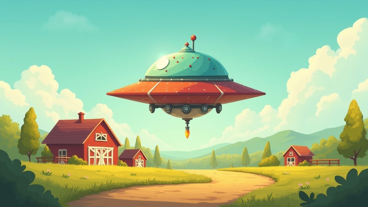 Een buitenaards schip dat over een cartoonachtige boerderij zweeft.