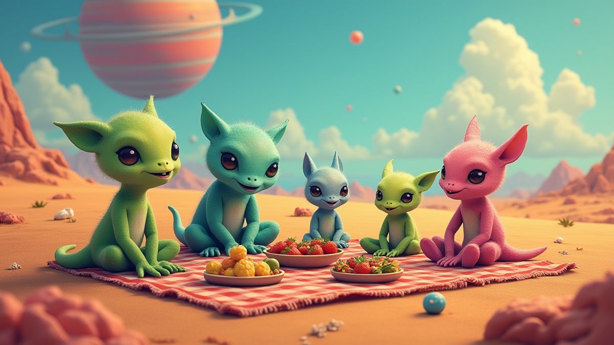 Een buitenaardse familie die een picknick houdt op een levendig planeet.