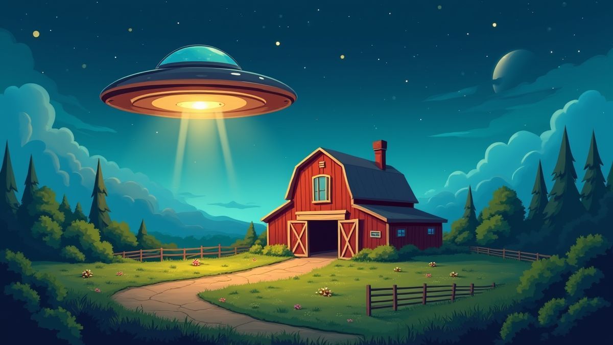 Granja con ovnis flotando sobre ella.