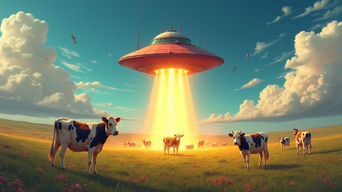 Ovni capturando vacas en una granja.