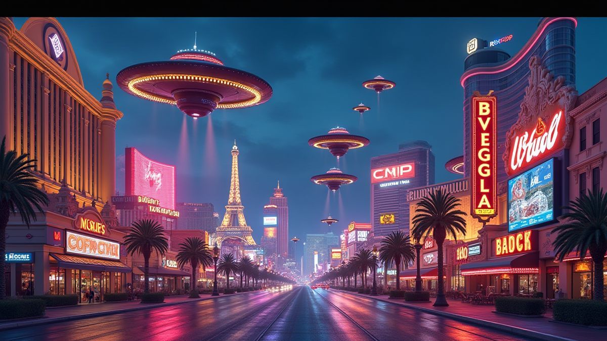 Vista animada de Las Vegas con ovnis sobrevolando los casinos.