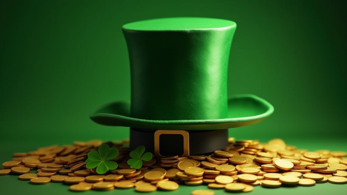 Ein Leprechaun-Hut umgeben von Goldmünzen und Kleeblättern.