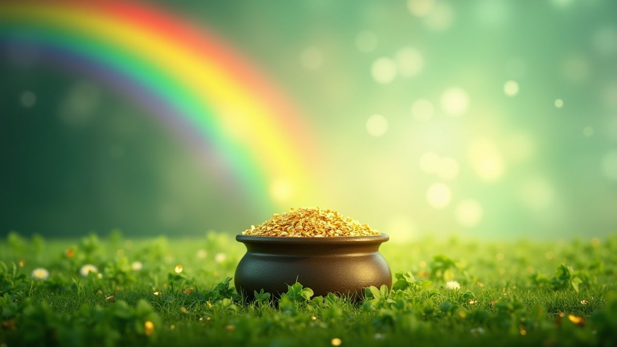 Ein Topf mit Gold unter einem Regenbogen auf einem grünen Feld.