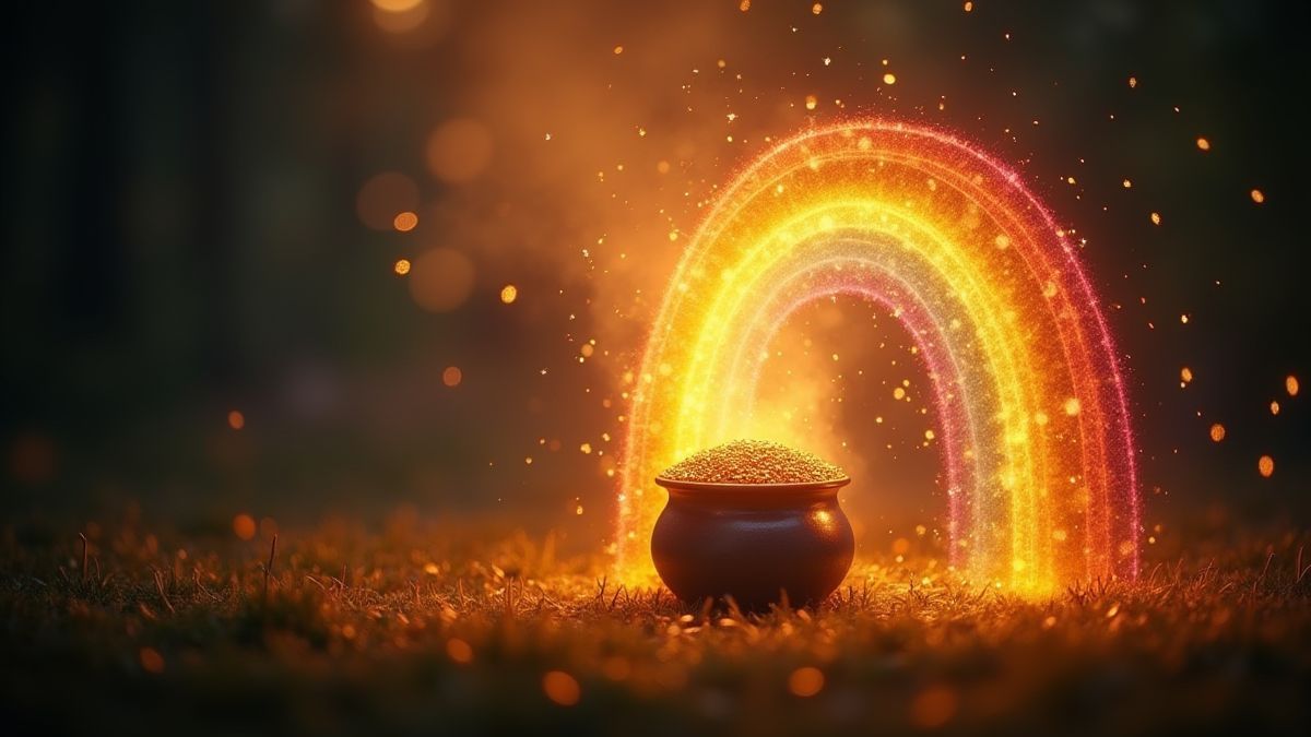 Glanzende regenboog die leidt naar een pot goud