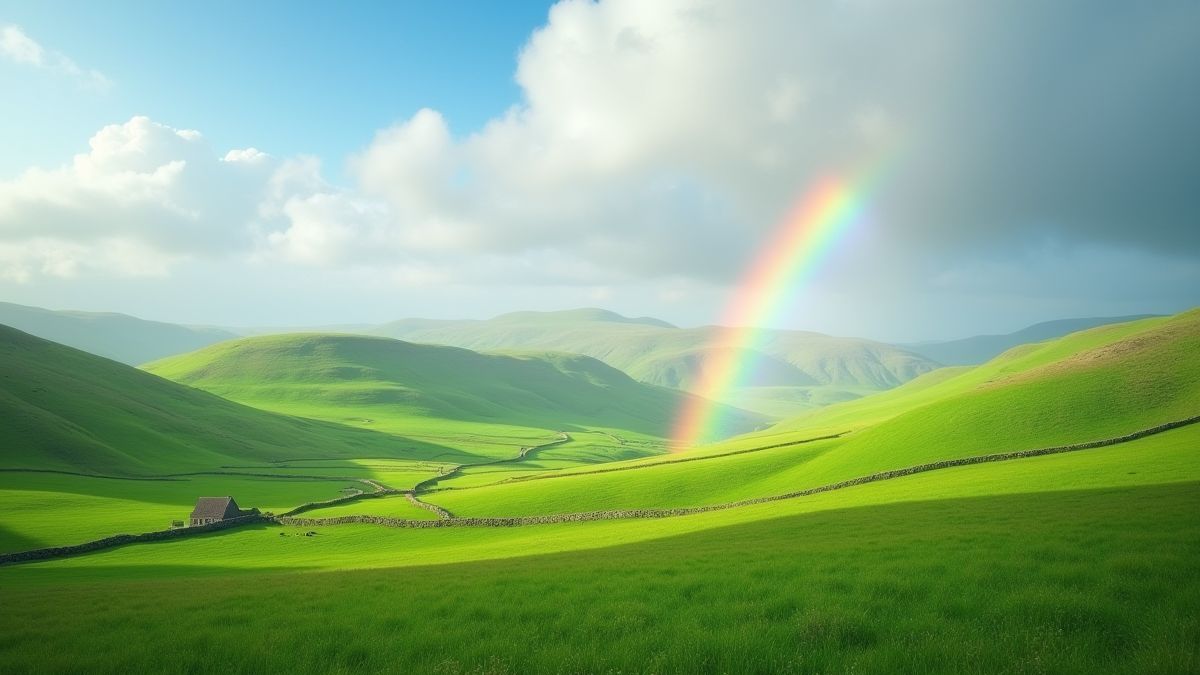 Paisagem irlandesa com colinas verdes e um arco-íris.