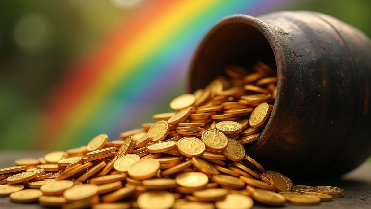 Moedas de ouro saindo de uma panela no final de um arco-íris.