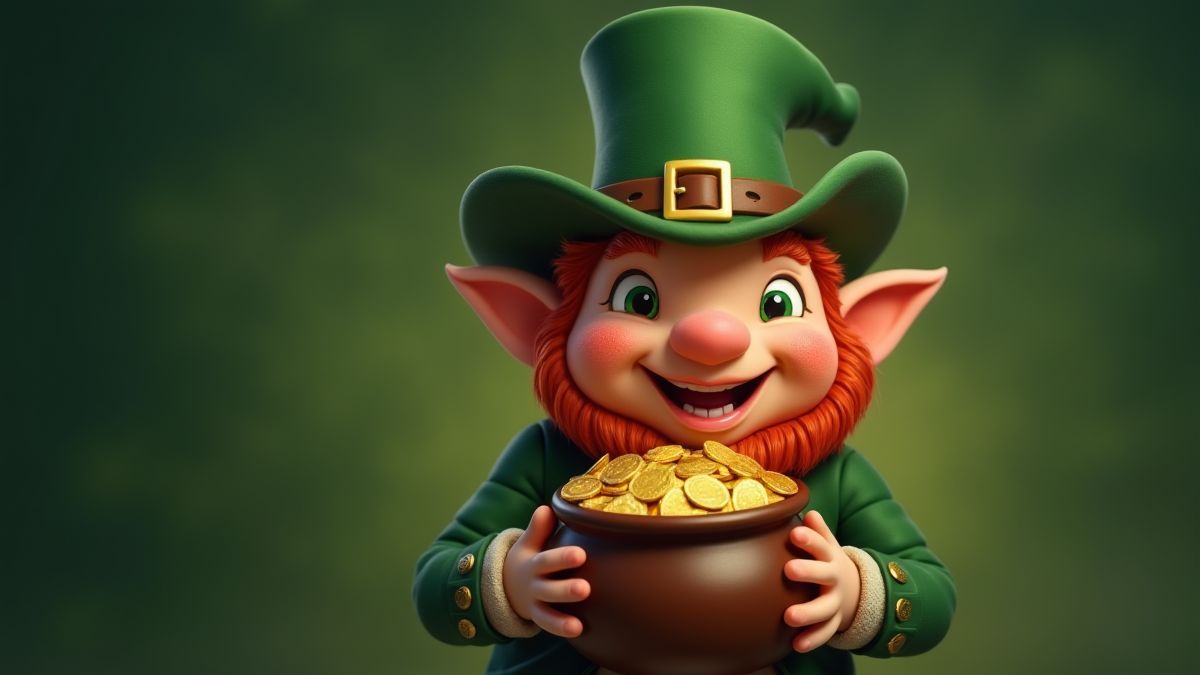 Um leprechaun sorridente segurando uma panela de ouro.