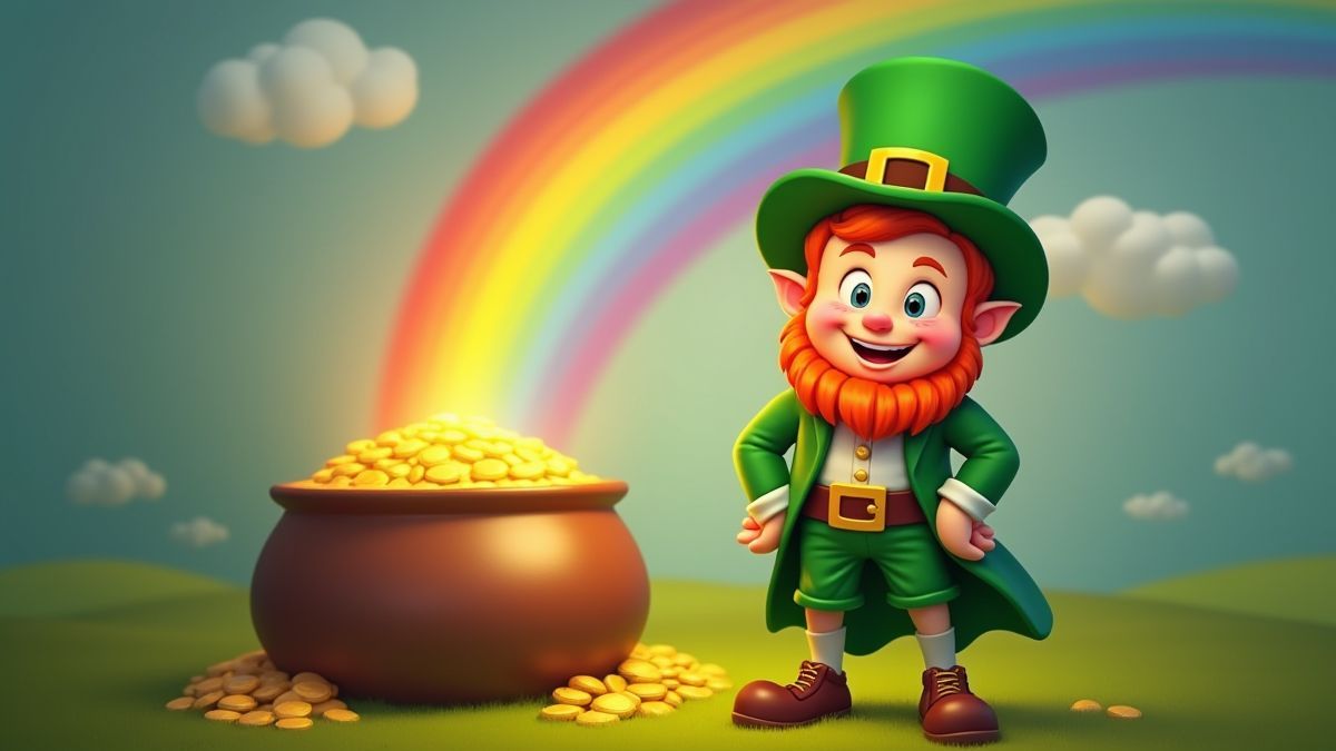 Leprechaun feliz junto a un pote de oro bajo un arcoíris