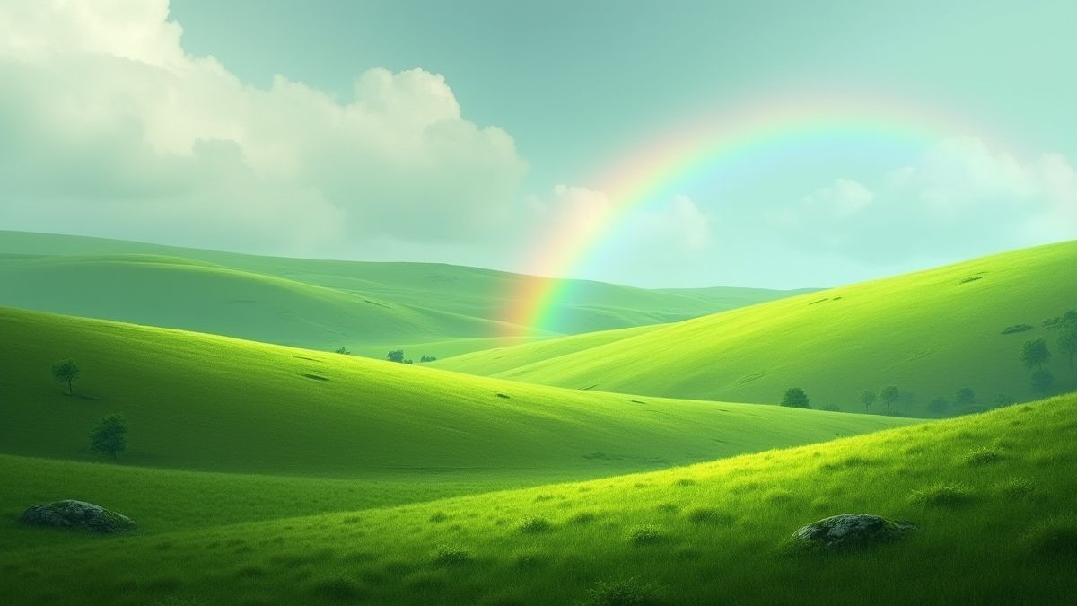 Groen Iers landschap met heuvels en een regenboog