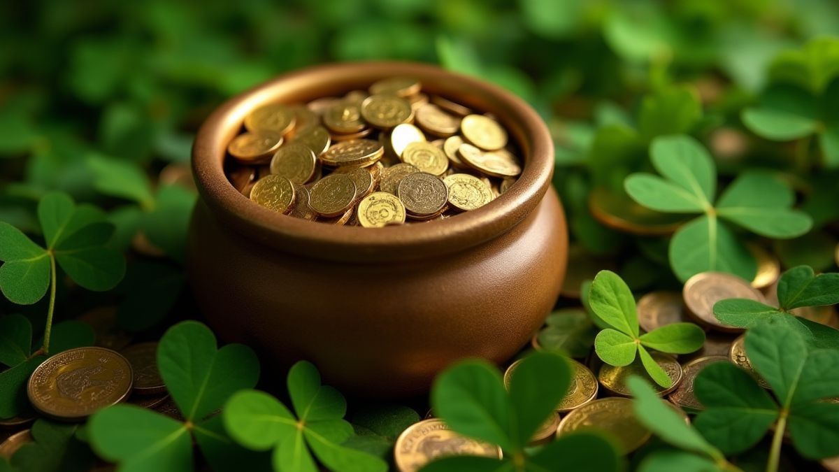 Caldero lleno de monedas doradas y tréboles.