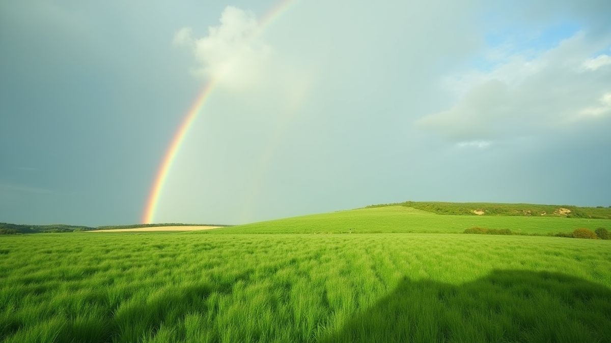 Een groene Ierse weide met een regenboog in de lucht.