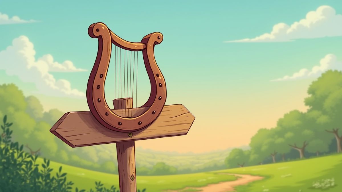 Een harp en een hoefijzer in cartoonstijl op een houten paal.