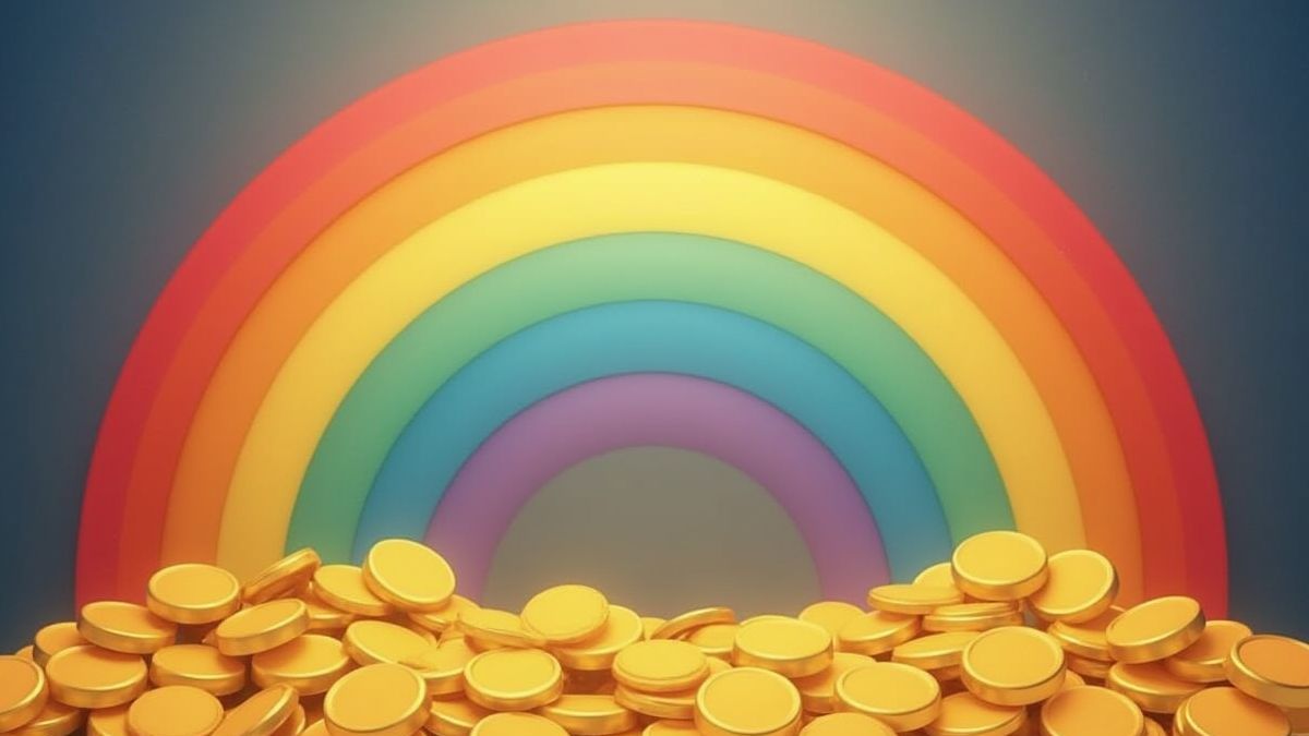 Een kleurrijke regenboog met gouden munten die eronder vallen.