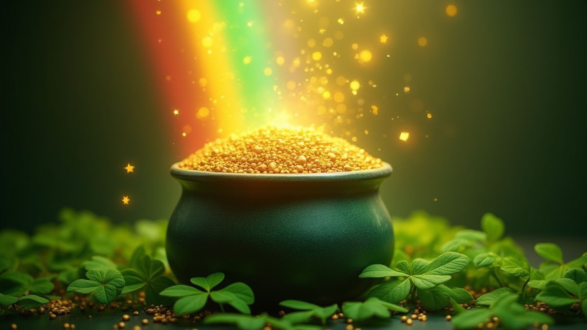 Een pot goud omringd door klavertjes en regenboogstralen.