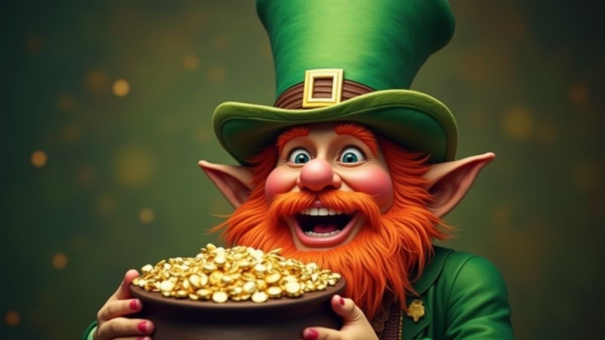 Een blije leprechaun met een pot goud in zijn handen.